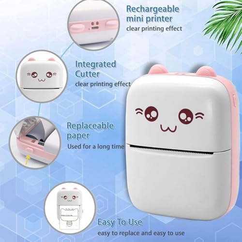 Mini Drucker, Fotodrucker für Smartphone, Bluetooth Label Printer mit 5 * Thermodruckpapier und 5 * Aquarellstifte, für Lernen, Studiennotizen, Anatomische Diagramme, Fotos