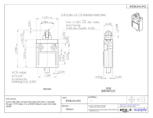 Omron D4C-3403 Compact Enclosed Limit Switch, Crossroller Plunger, Vctf Cable, 0.1A At 30Vdc Rated Current, 3M Cable Length #TOP1