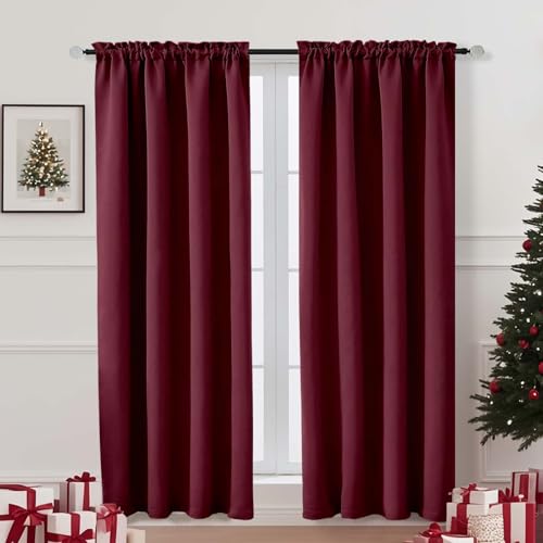 Image of Christmas Burgundy Blackout Curtains for Bedroom 72 Inch Length 2 Panels Set, Thermal Insulated Curtains for Nursery, Dual Rod Pocket Window Drapes for Patio French Door Front Door, 2x40Wx72L