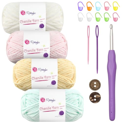 Thick Soft Chunky Chenille Yarn 4x50g(60m/Skein) Fluffy Wool Perfect for Crochet Baby Blankets with 5mm Crochet Hook, Ideal for Beginners (Baby-4) Thick Soft Chunky Chenille Yarn 4x50g(60m/Skein) Fluffy Wool Perfect for Crochet Baby Blankets with 5mm Crochet Hook, Ideal for Beginners (Baby-4)