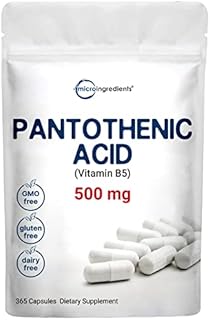 Micro Ingredients Pantothenic Acid Vitamin B5 Supplement, Vitamin B5 500mg Per Count, 365 Capsules (1 Year Supply), B-Complex Vitamin, Support Energy Production and Nervous System, Non-GMO