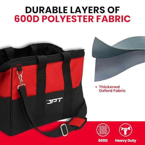 Image of JPT 18-Inch Heavy Duty Tool Bag, Wide Mouth Tool Storage Bag with Interior Pockets, Large Capacity Tool Tote Bag for Electricians, Power Tools Organizer Red /Black