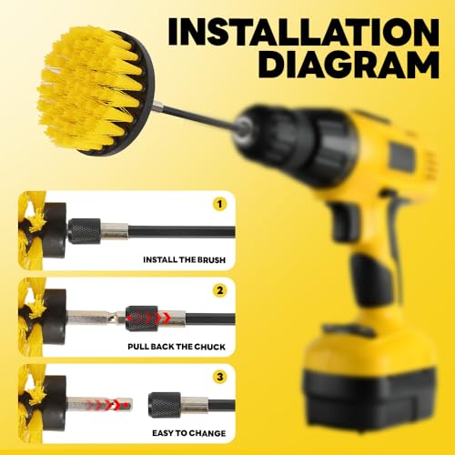 Image of 6Pcs Drill Brush Cleaning Kit with Extendable Rod, Yellow Power Scrubber Attachments for Shower, Tub, Tile, Grout, Kitchen and Car (Yellow-6pcs)