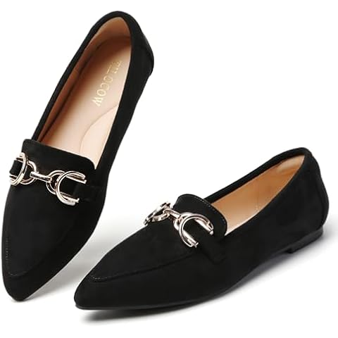 Tilocow Metal Chain Loafers Flats for Women Pointed Toe Slip on Flats Comfortable Fashion Work Business Shoes Suede Black Cover