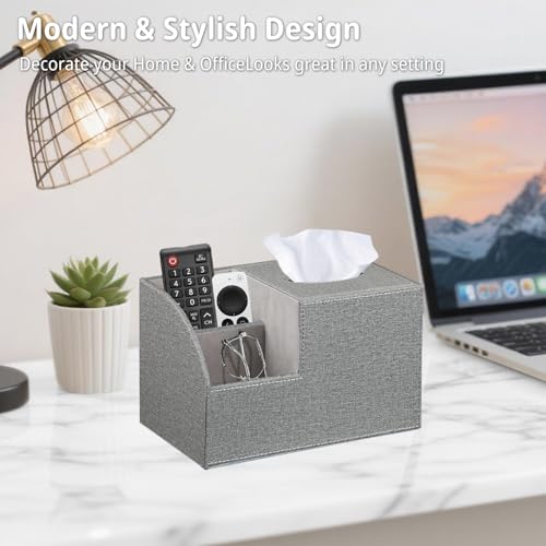 Fanousy Square Tissue Box Cover with Storage, PU Leather Cube Tissue Box Holder, Remote Control Nightstand Organizer, Modern Desk Caddy for End Table, Bathroom, Bedroom, Home, Office Decor(Grey) by Fanousy - Image 6