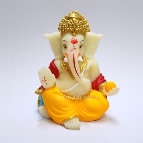 Image of Gold Art India Gaddi Ganesha Idol 3.5 inch - Ivory Multicolour Ganpati Murti with Golden Jewelry | Hand-Painted Polyresin Ganesh Idol for Car Dashboard, Home Temple, Office Desk Decor