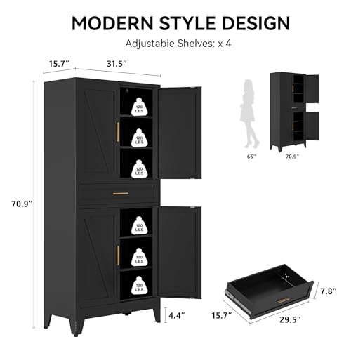 Image of COFaR 71 inch Metal Pantry Cabinet with Drawer, Black Storage Cabinet with Adjustable Shelves, 3-Section Industrial Cupboard for Kitchen & Office