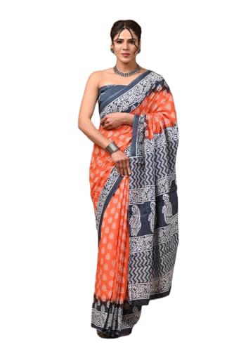 Image of Hand Block Printed Cotton Mulmul Saree | Soft Lightweight Summer Saree | Pure Cotton Traditional Indian Saree for Women