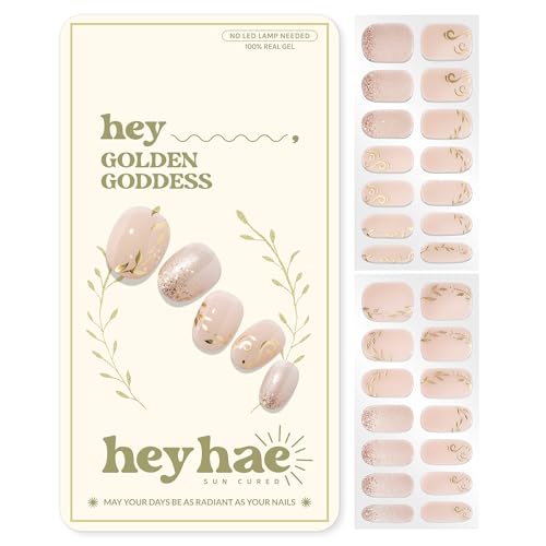 Heyhae Semi Cured Gel Nail Strips | No LED Lamp Needed |Gold Floral | Easy Apply & Remove Salon Quality | Includes 28 Strips 2 Prep Pads Nail File & Wooden Stick - Hey Golden Goddess
