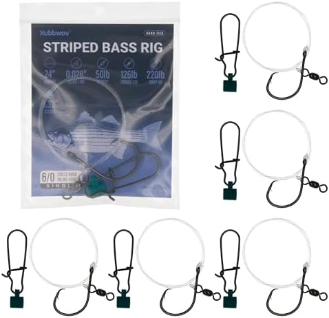 Xubbwov Striped Bass Rigs, 6/0 Inline Circle Hook with 24" 50lb Mono Leader Fish Finder Rigs, 6-Pack Hand-Tied Saltwater Surf Fishing Tackle with 126lb Swivel & 220lb Snap for Striper Fishing