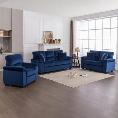 Image of Anderson 6 Seater Fabric Sofa Set (3+2+1) Blue, Premium Velvet Finish Upholstery, Solid Wood Frame, High Density Foam Cushions, Modern Living Room Furniture, Comfortable Sofa for Home
