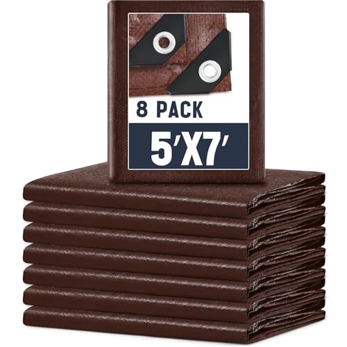 Image of 8 Pack 5 x 7 ft Brown Tarps Heavy Duty 5.5 Mil Waterproof Durable, Water Resistant, Rip & Tear Proof, Reinforced Edges, Multipurpose Firewood, Farm, Camping, Roof, Boat & Emergency Shelter