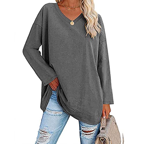 Famulily Ladies Plain Solid Color Oversized Long Sleeve T Shirts Women Casual V Neck Pullover Tops T Shirt UK Dark Grey XXL