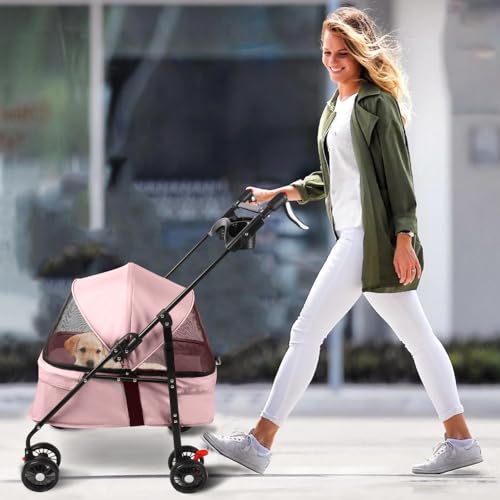 Passeggino pieghevole per animali domestici, passeggino pieghevole per animali domestici, 4 ruote per cani e gatti, cucciolo di piccole e medie dimensioni, 50 x 70 x 95 cm, rosa