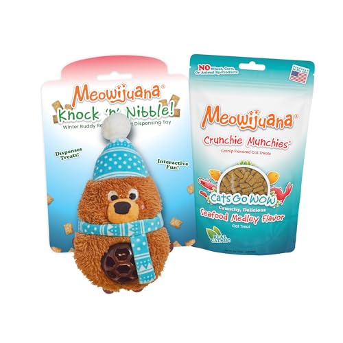 Meowijuana Knock N' Nibble Winter Buddy & Seafood Treat Bundle | Crunchie Munchie Catnip Treats | Refillable Treat Dispensing Toy | Interactive Puzzle Toy for Felines