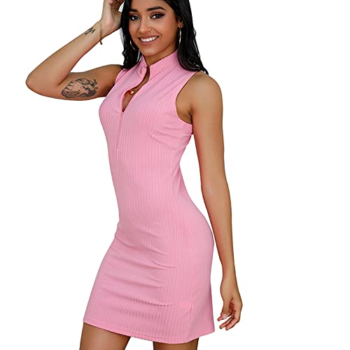 Laximu Women's Summer Sleeveless Bodycon Dresses V Neck Slim Fit Party Club Sexy Mini Dress Pink #TOP4