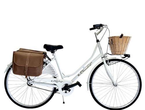 MADICKS Bicicleta para mujer de paseo Holanda tamaño 26 bicicleta de ciudad vintage retro blanca con cesta (cesta de mimbre y bolsas)