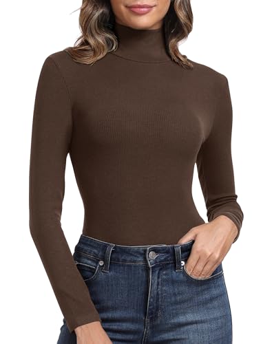 PALINDA Womens Ribbed Turtleneck Fitted Long Sleeve Shirts Basic Thermal Layering Tops(Brown L)