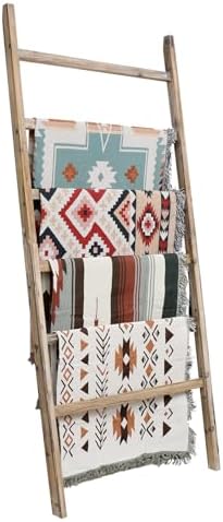 FUIN Extra Wide 6.4ft Wooden Blanket Ladder Living Room Decorative Wal Leaning Farmhouse Quilt Display Holder Rustic Wood Towel Rack for Bathroom, Burnt Brown, 38 inch wide