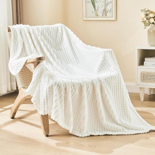 Image of EMME Fleece Throw Blanket Luxury Flannel for Couch Bed Sofa Chairl, Soft, Plush, Warm and Cozy Blanket with Geometric Grid Design (White, 80'' x 90'')