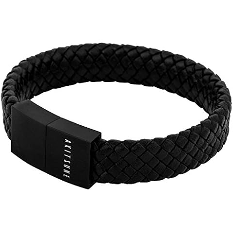 Akitsune Subtilitas Leather Bracelet | Unisex Bracelet Men Women Magnetic Closure Braided + Jewelry Box - Matte Black - Black 19cm Cover