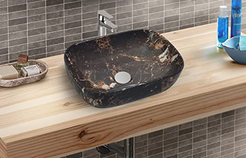 Image of REMOTION Designer Glossy Finish Table Top Ceramic Wash Basin Vessel Sink with Slim Rim |Collapsible Wash Basin | Vessel Sinks For Bathrooms (Dark Brown Wash Basin, 18 x 13 x 5.5 Inch)