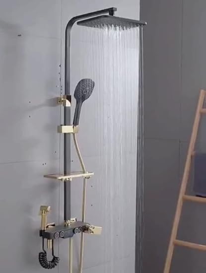 NextGen Thermostat Shower Set Gold and Black with Digital Display and 4 Function Shower, Rainfall Shower, Waterfall Shower, Shower Tower, Shower System