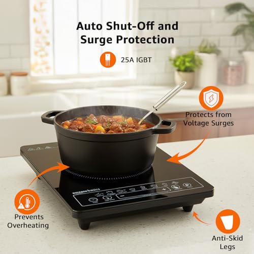 Image of Amazon Basics 2200W Induction Cooktop | 8 Pre-Set Cooking Menus | LED Digital Display | Touch Panel I Energy Efficient, Auto Cut-off, 25A IGBT & 4KV Surge Protection I Smart Pan Sensor I Black