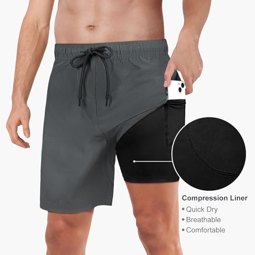 Image of Mens Swim Trunks with Compression Liner 2 in 1 Quick Dry Swimming Shorts Swimwear Bathing Suits with Pockets
