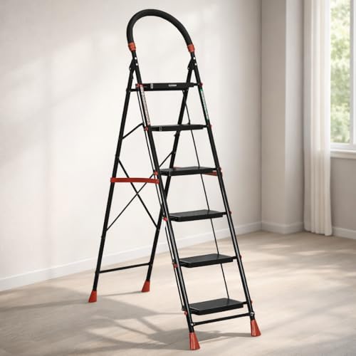 Image of FLIPZON Halo Foldable 6 Step Ladder for Home and Office Use | Alloy Steel | Wide Steps | Wobble-Free | Skid-Free Steps | Durable Safety Ladder | Rust Free | Anti-Skid (Black)