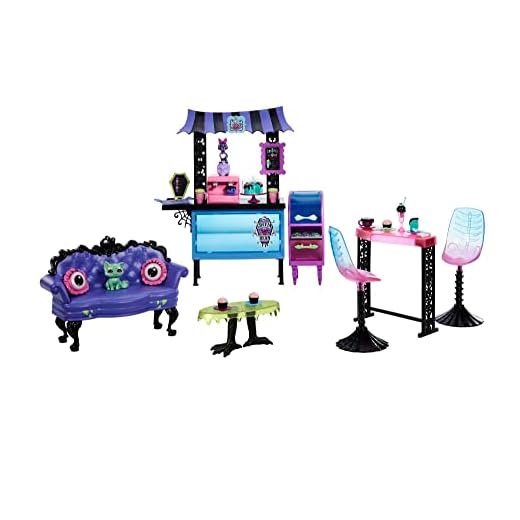 Monster High Coffret Au Cercueil Gourmand Décor De Café avec 2 Animaux De Compagnie, Mobilier Effrayant, Bar, Viennoiseries Et des Boissons, Jouet Enfant, Dès 4 Ans, HMV78