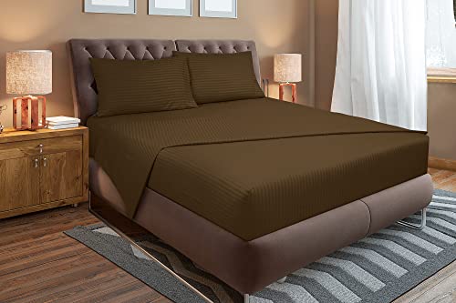 Image of ROYALE LINENS 4 Piece Cal King Sheets Set - Soft Brushed Microfiber - 1 Fitted, 1 Flat Sheet, 2 Pillowcases - Wrinkle Free & Fade Resistant - Hotel Luxury Bed Sheets (Stripe Chocolate, Cal King)