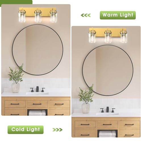 Image of Bathroom Lighting Fixtures, 3-Light Bathroom Vanity Lights Over Mirror, Brass Vanity Light with Glass Shade, Modern Vanity Lighting Fixtures for Bedroom, Hallway