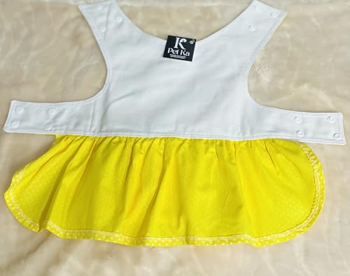 Vestido Pet de Tricoline com Guia (Pequeno, Vestido Com Fundo Amarelo e Detalhes em Poá Branco, Laço