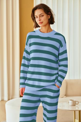 Image of SENSERISE Womens Striped Set Sweater Lounge Sets | Pajamas Set, Loungewear Set, Oversized Knit Sweater, Wide Leg Pants with Pockets, Fall Outfits, Pants Set