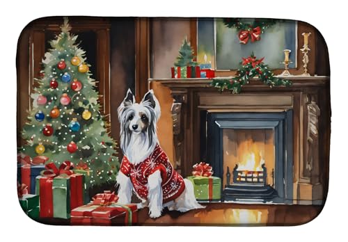 Caroline's Treasures DAC2631DDM Chinese Crested Cozy Christmas Dish Drying Mat Absorbent Dish Drying Mat Pad for Kitchen Counter Dish Drainer Mat for Countertop, 14 x 21", Multicolor