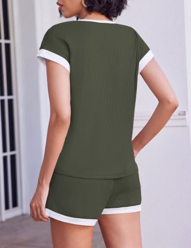 Image of Ekouaer Two Piece Sets for Women Summer Striped Lounge Set Vacation Outfit | Casual Cute Waffle Knit Tops Shorts Sets with Pocket for Travel, Jogging, Cruise, Beach, Airport