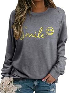 Dresswel Damen Sweatshirt Smile Brief Drucken Pullover Lustiges Lächelndes Rundhals Langarmshirt Baumwolle Pulli Herbst Winter Casual Oberteile Langarm Tops(Grau, 2XL)