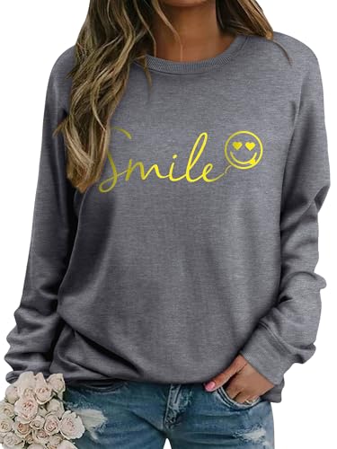 Dresswel Womens Sweatshirt Vintage Funny Smile Face Graphic Print Crewneck Long Sleeve Tops Ladies Pullover Basic Cotton Jumpers Blouse (Grey, M)