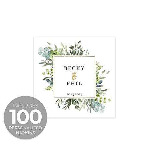 Greenery Wedding Personalized Beverage Napkins / 100 Custom Cocktail Napkins / 4 3/4" X 4 3/4" Elegant Lush Floral Napkin Design / 3 Ply Bridal Shower Party Napkin Décor #TOP1