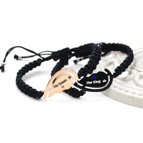 Image of 2pcs Black /Rose Gold Custom Carved Heart-shaped Puzzle Bracelets, Hand Woven Stainless Steel with Zirconia Jewelry for Men and Women, Fashion Couples Promise Bracelets