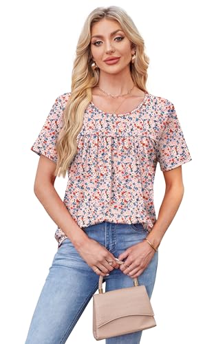 WIHOLL Womens Tops Short Sleeve T Shirts Pleated Dressy Casual Round Neck Summer Clothes Outfits Blouses Loose Fit3