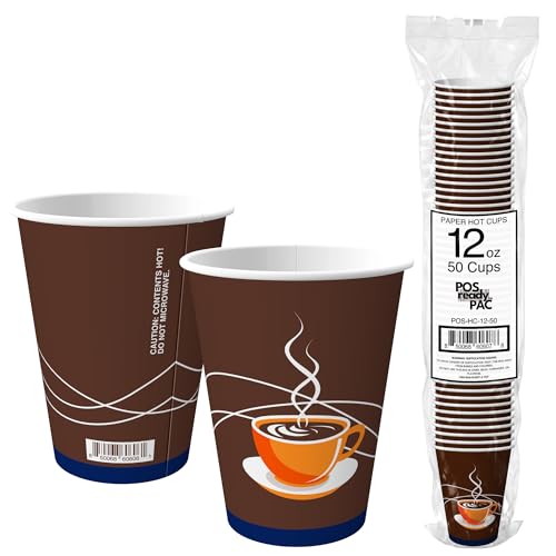 POS Cups 12 oz Paper Hot Cups (50 Count) – Insulated Disposable Coffee Cups with UPC Barcode &...