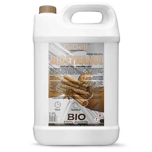 GiDeli Bioetanol 5 l con aroma a canela 96,6% etanol para chimeneas interiores y exteriores, sin humo ni hollín, de maíz y remolacha azucarera