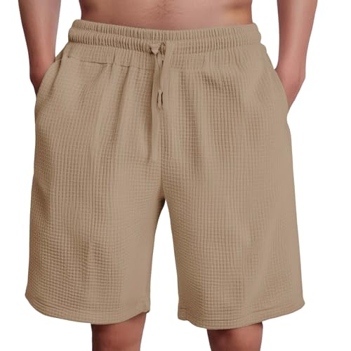 Waffle Shorts for Mens Texture Plaid Elastic Waist Drawstring Casual Pants Loose Fit Breathable Summer Beach Outfits