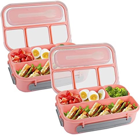 Bento Lunch Box, 2 Sets Bento Box Adult Lunch Box, Lunch Containers for Students/Adults, 5 Cup Bento Boxes with 4 Compartments&Fork, Leak-Proof, Microwave/Dishwasher/Freezer Safe, Pink