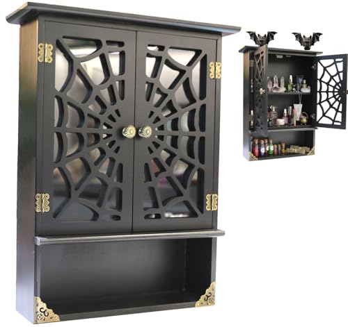Gothic Wall Shelf with Mirrored Doors and Spiderweb
