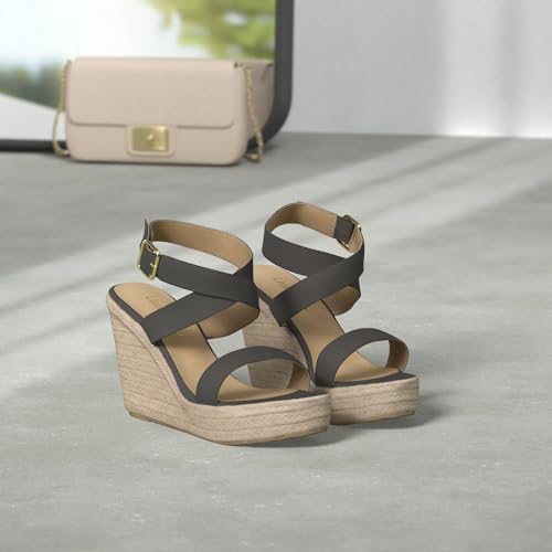 Women's High Heel Platform Espadrille Wedge Sandals Open Toe With Faux Leather Upper Cross Ankle Adjustable Buckle Strap Non Slip Soles2