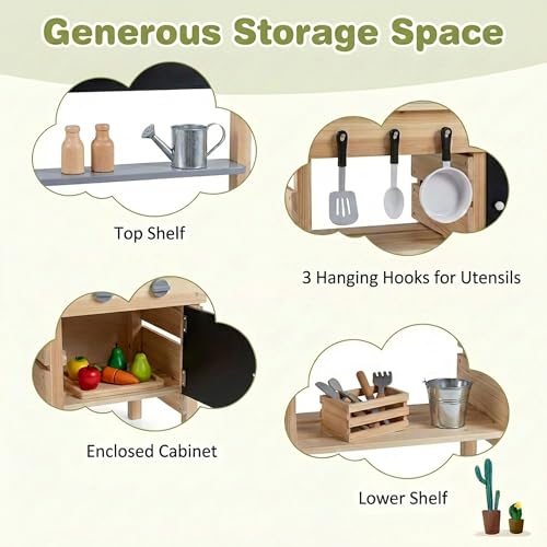 Image of HONEY JOY Mud Kitchen, Fir Wood Outdoor Play Kitchen for Toddlers, Storage Cabinet, Chalkboard, Cooking Accessories, Pretend Play Montessori Children Backyard Furniture for Garden Patio, Natural