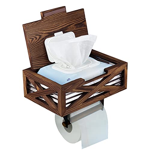 SONLOYO Wooden Rustic Toilet Paper Holder with Shelf and Storage, Adhesive or Screw Wall Mount Flushable Wipes Dispenser, Farmhouse Bathroom Decor and Accessories